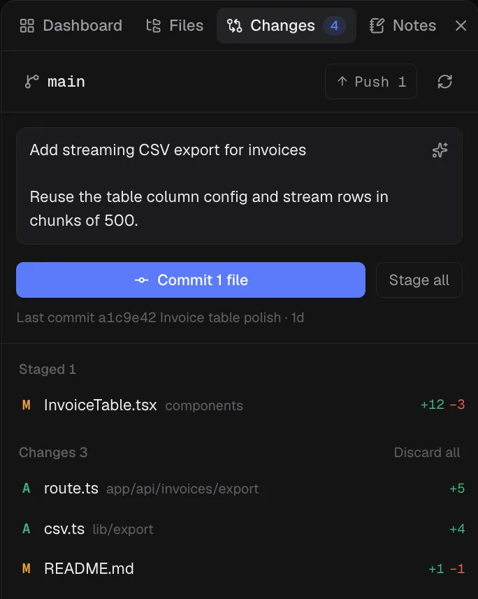 The Changes panel on main: a drafted commit message, Commit 1 file, one staged file and three changes with line counts.