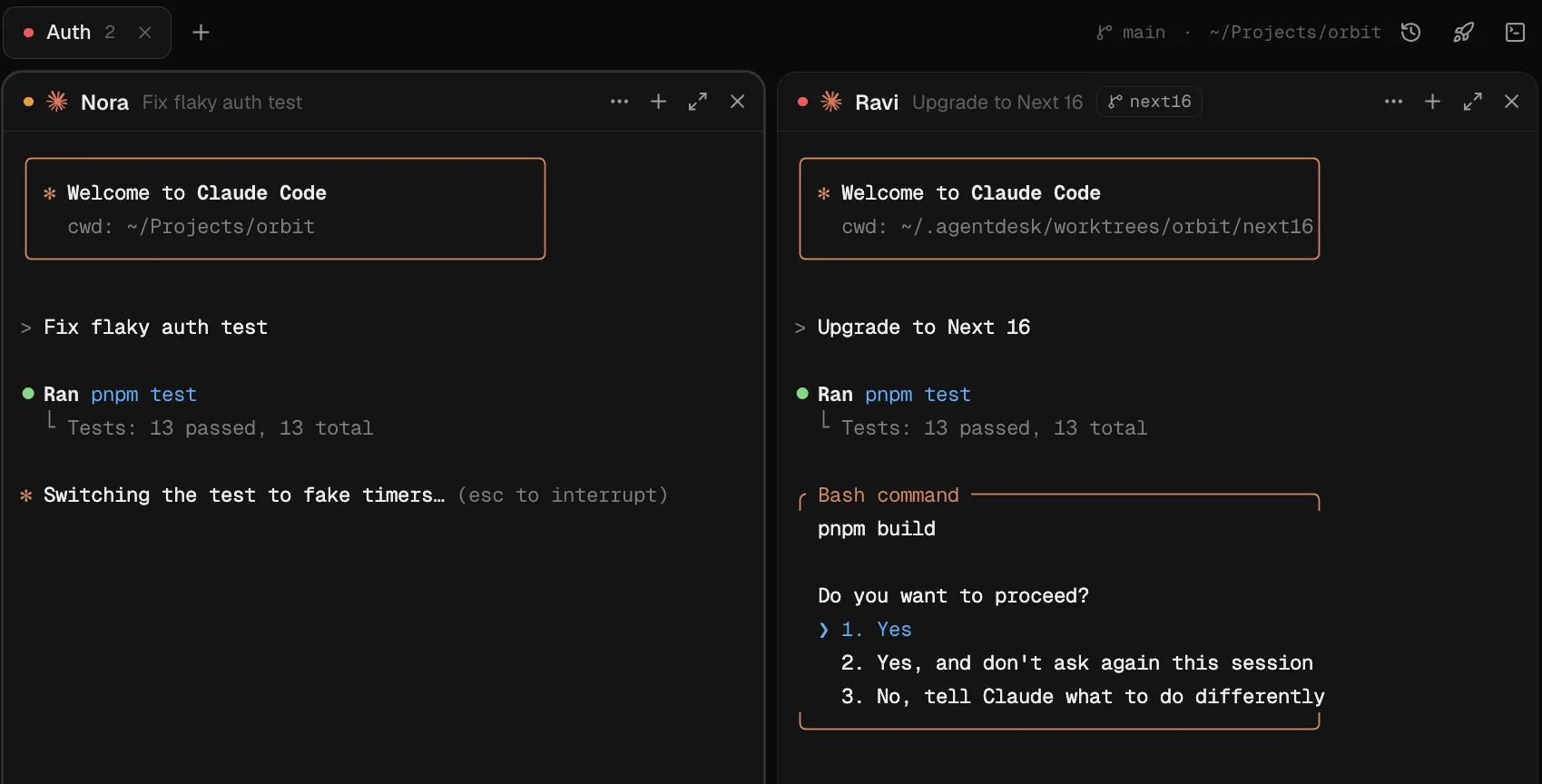 Two Claude Code agents side by side: Nora fixing a flaky test in the project, and Ravi on its own next16 worktree asking to run pnpm build.
