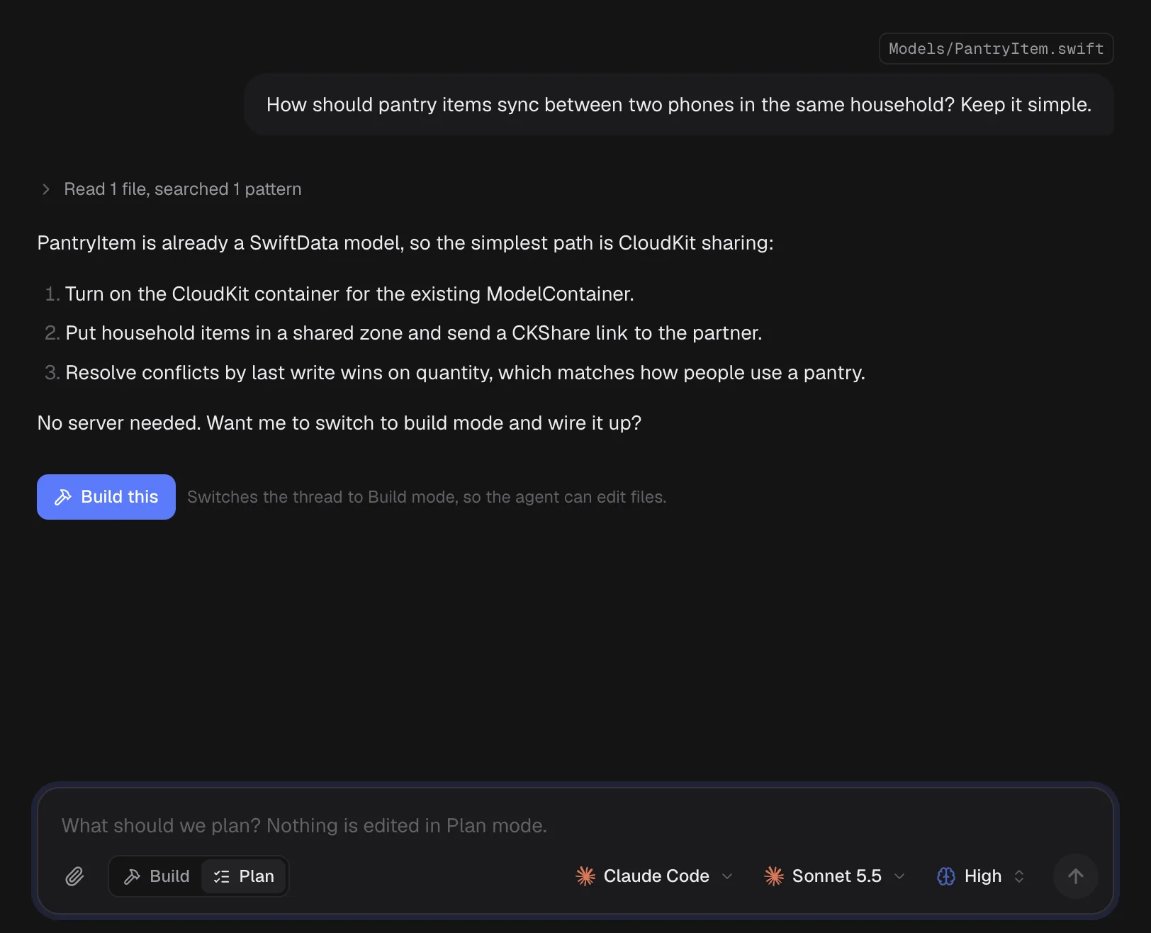 A Shebang thread in Plan mode: Claude proposes a three step CloudKit sync design, with a Build this button and the model and effort pickers.